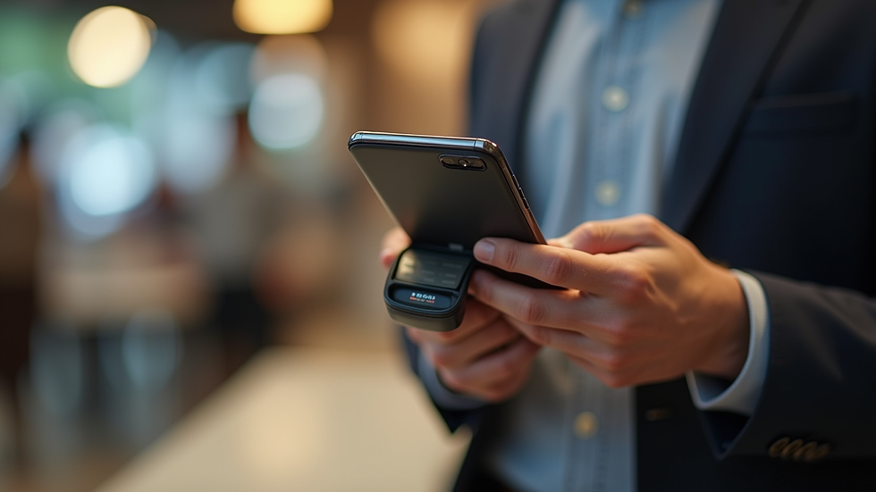 Close-up view of a contactless payment terminal with a smartphone