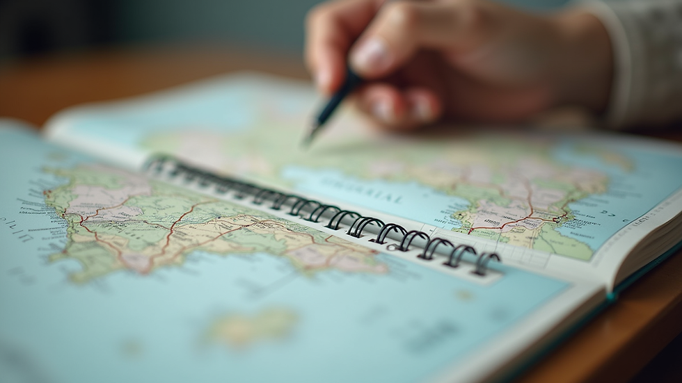 Eye-level view of a travel planner with maps and notes