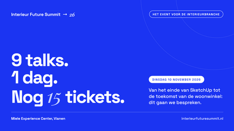 Kobaltblauwe aankondiging van de Interieur Future Summit 2026 met de tekst 9 talks, 1 dag, nog 15 tickets