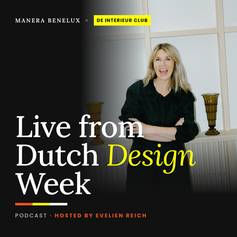 Portret van host Evelien Reich op de zwarte cover van de podcastserie Live from Dutch Design Week