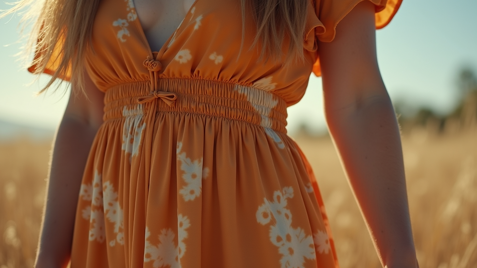 Close-up of a nature-inspired tie-dye dress with earthy tones