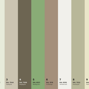 Tien verticale kleurbanen in wit, grijs, beige en lichtgroen met genummerde RAL-codes onderaan