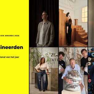 Geel vlak met de tekst De genomineerden naast zes portretten van interieurprofessionals