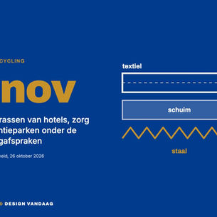 Navy beeld met 1 nov in goud en een lijntekening van de lagen van een matras: textiel, schuim en staal