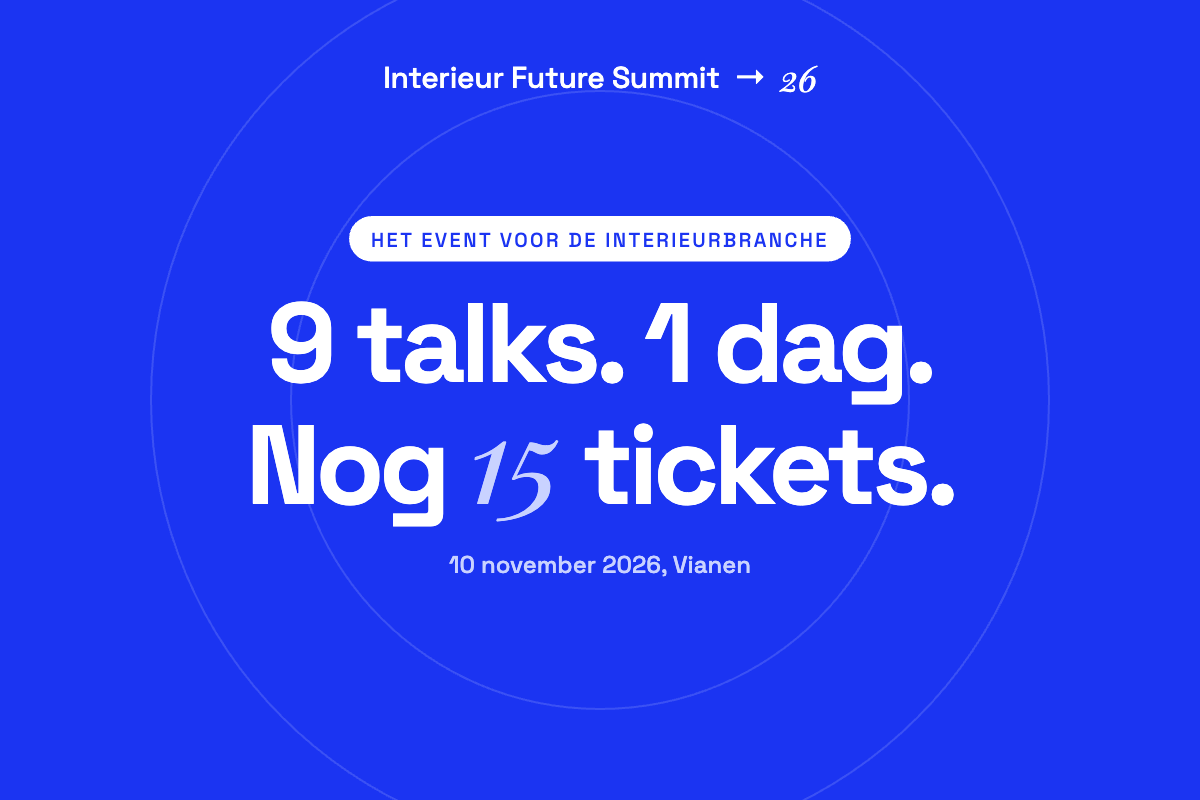 Kobaltblauwe aankondiging van de Interieur Future Summit 2026: het event voor de interieurbranche, 9 talks, 1 dag, nog 15 tickets