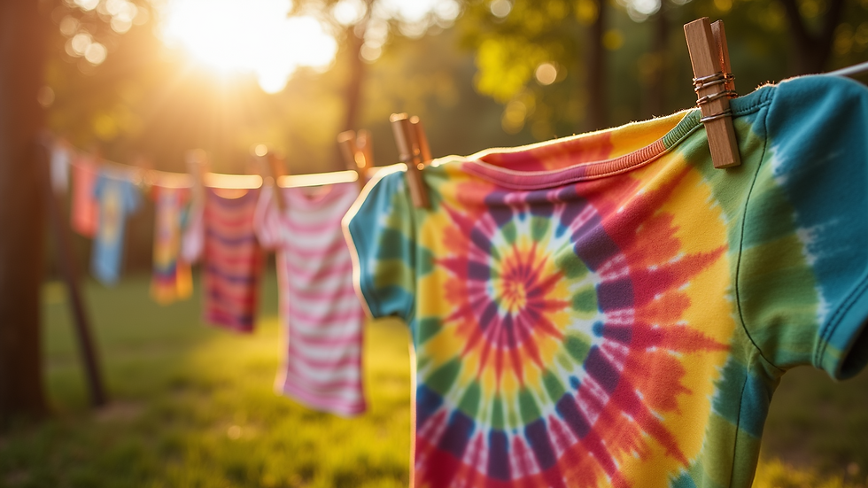High-angle view of a colorful tie-dye shirt drying in the sun