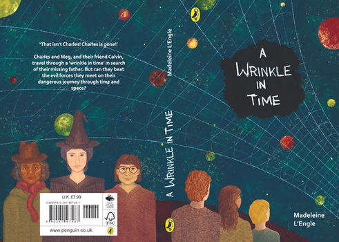 Cover design for the children's book "A Wrinkle in Time" by Madeleine d'Engle. The background of the front and back cover flow together, depicting a scene in outer space, with brightly coloured planets. A white net depiction of space-time overlays the background. In the foreground of the front cover three children stand with their back to the viewer, looking out into space. In the foreground of the back cover the three friendly looking witches stare out at the viewer. 