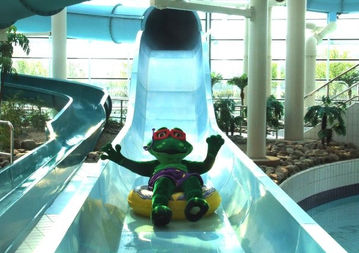 Green frog mascot on AquaZone water slide