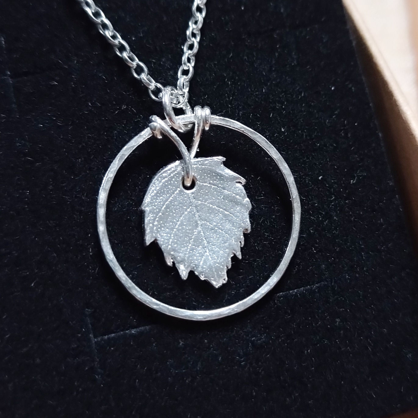 Handmade  Tiny Birch Leaf in Circle pendant necklace