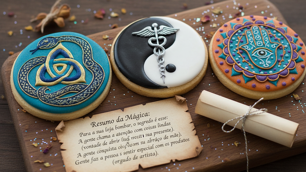 Close-up de biscoitos decorados com símbolos de proteção e equilíbrio
