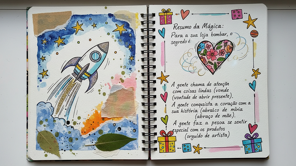 Eye-level view of art journal with colorful drawings and notes