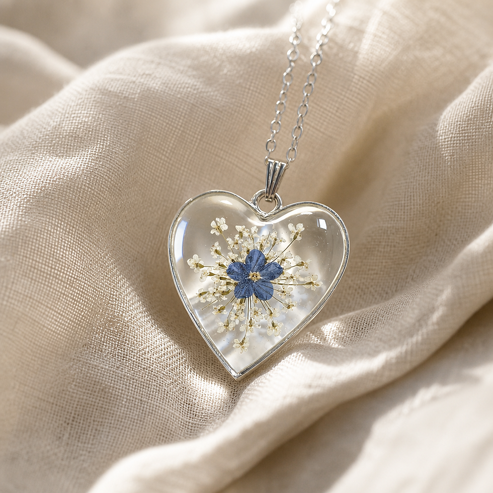 Thumbnail: Heart Shaped Forget Me Not Flower Keepsake Pendant and silver necklace