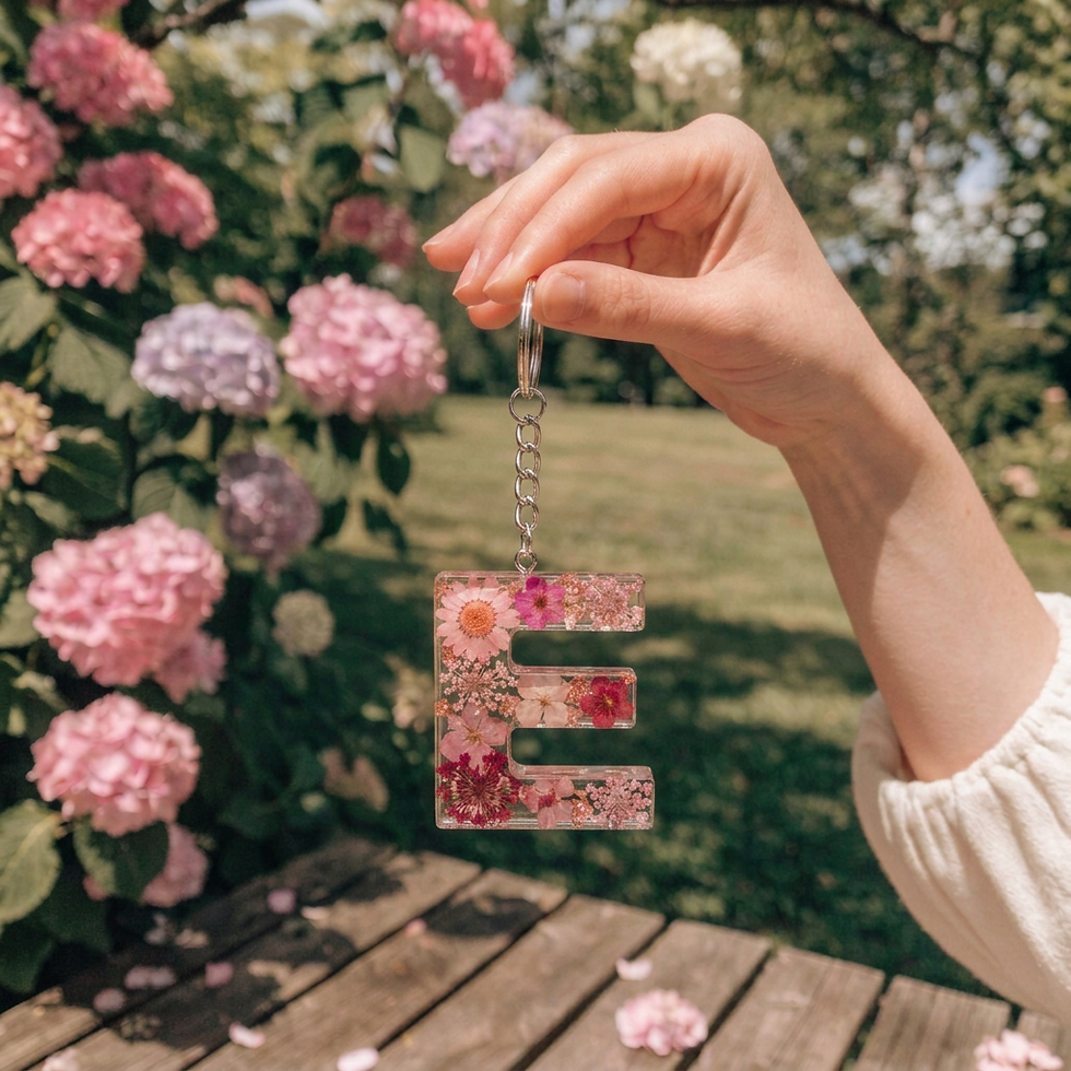 Thumbnail: Personalised Mixed Pink Flowers Letter Keyring with Rose Gold bits