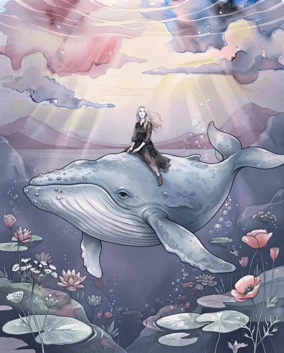 Digital fantasy illustration of a young woman riding a humpback whale through an ethereal, aquatic landscape filled with floating flowers. The mood is dreamlike and serene, with soft, pastel-toned lighting.