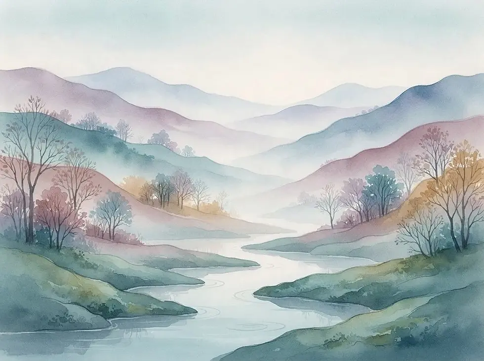 Watercolor illustration depicting a gentle river winding through misty, layered mountains. The composition feels peaceful and dreamlike with its soft pastel palette.