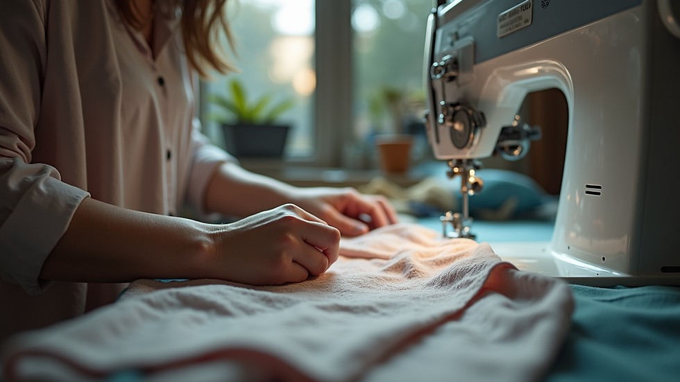 Eye-level view of a tailor's workspace with sewing tools and fabric