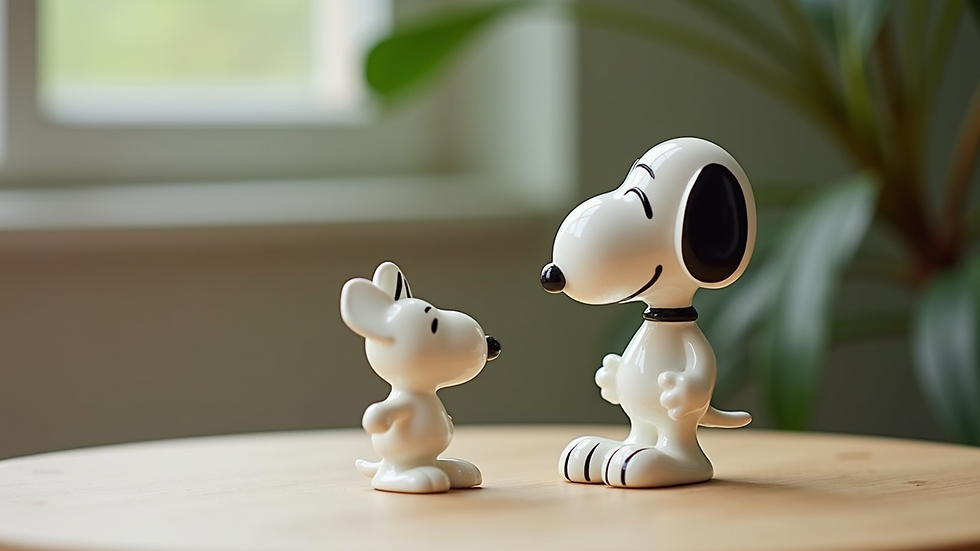Close-up view of a ceramic sculpture inspired by Calimero and Snoopy