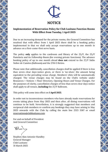 Implementation of Reservation Policy for Club Lusitano Function Rooms