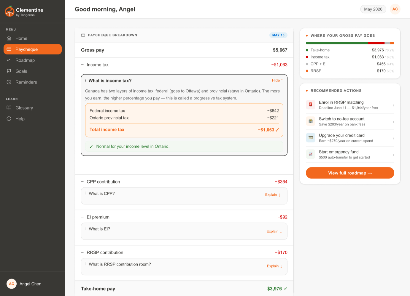 Clementine dashboard showing a personalized paycheque breakdown