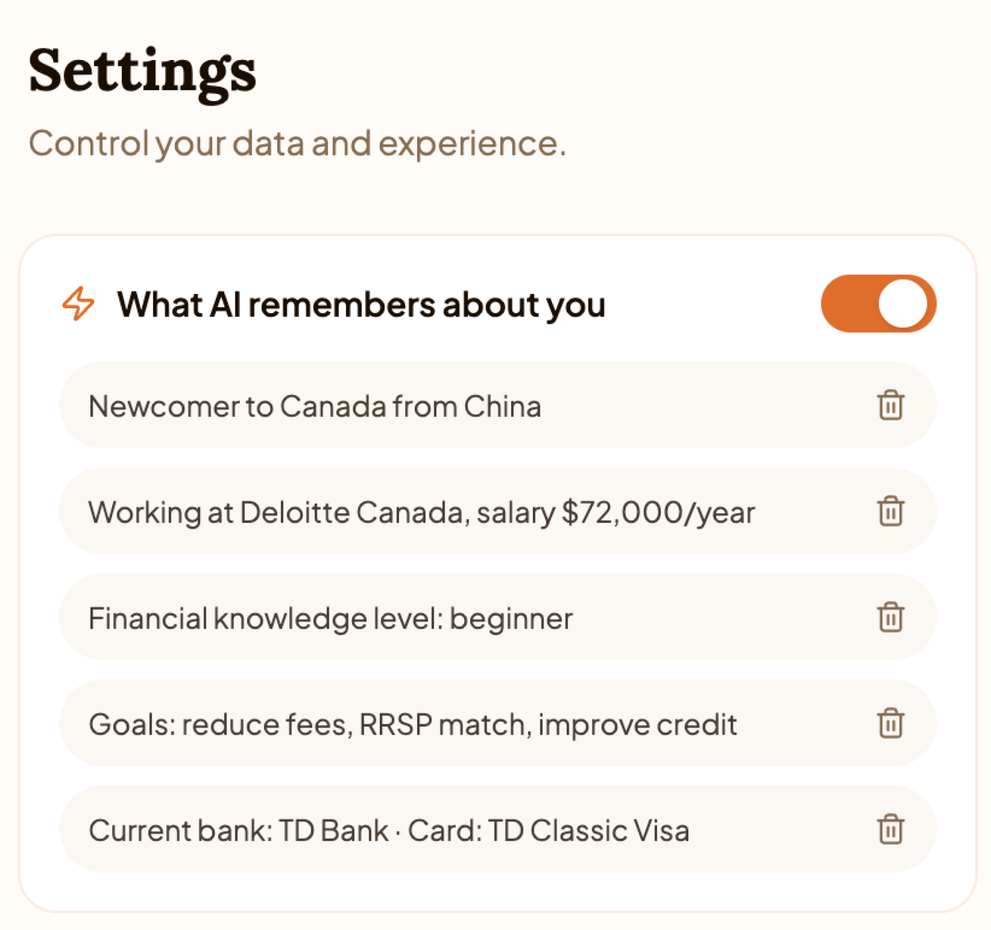 Settings screen showing what the AI remembers about the user