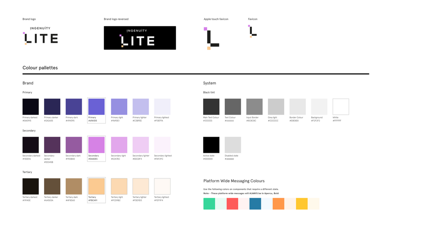 a logo for ingenuity lite is shown next to a color palette