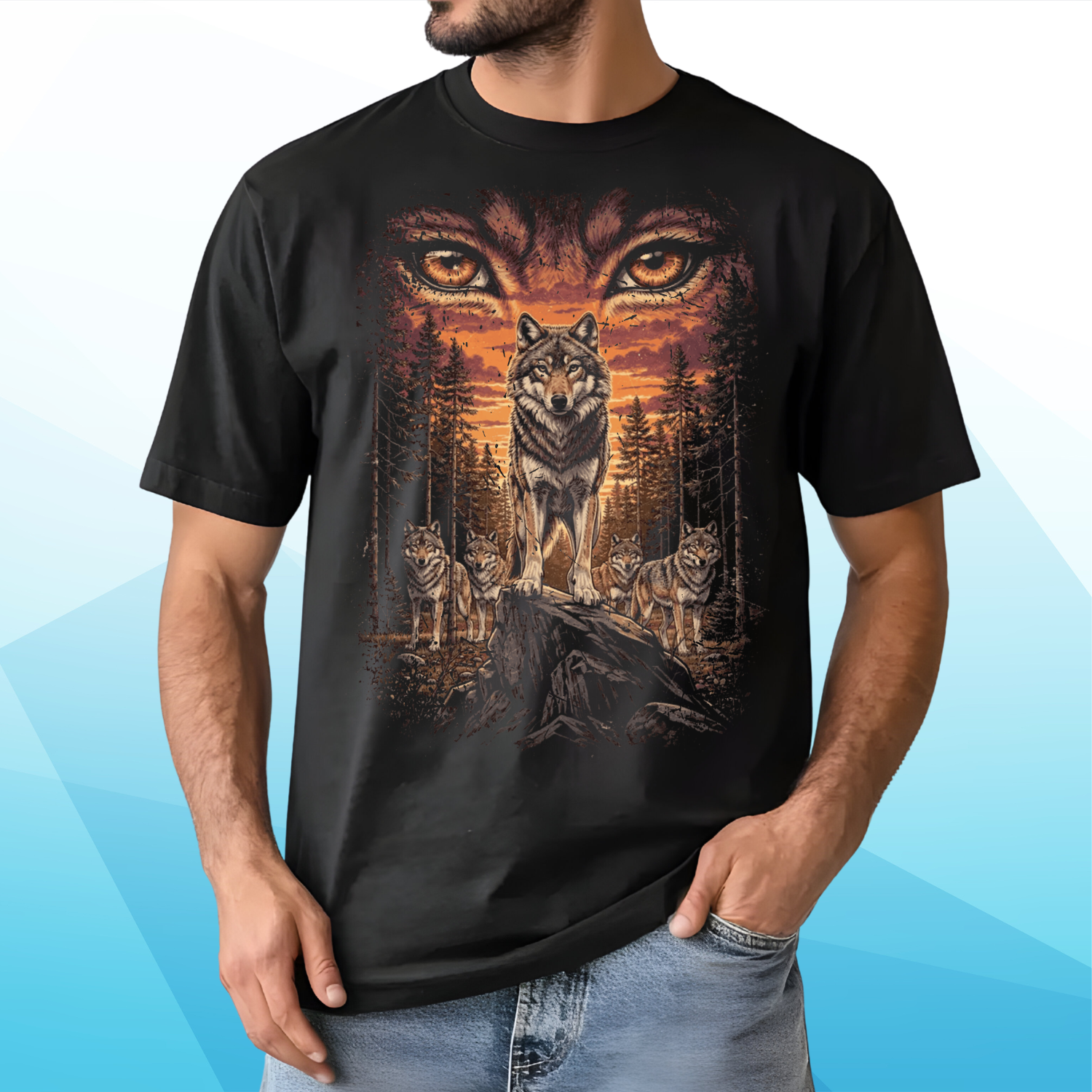 Wolf pack sunset forest t-shirt for men in black with wolves standing in sunset forest graphic on black background