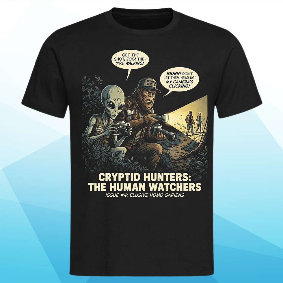 Thumbnail: Bigfoot and alien photographing humans in woods men's t-shirt design