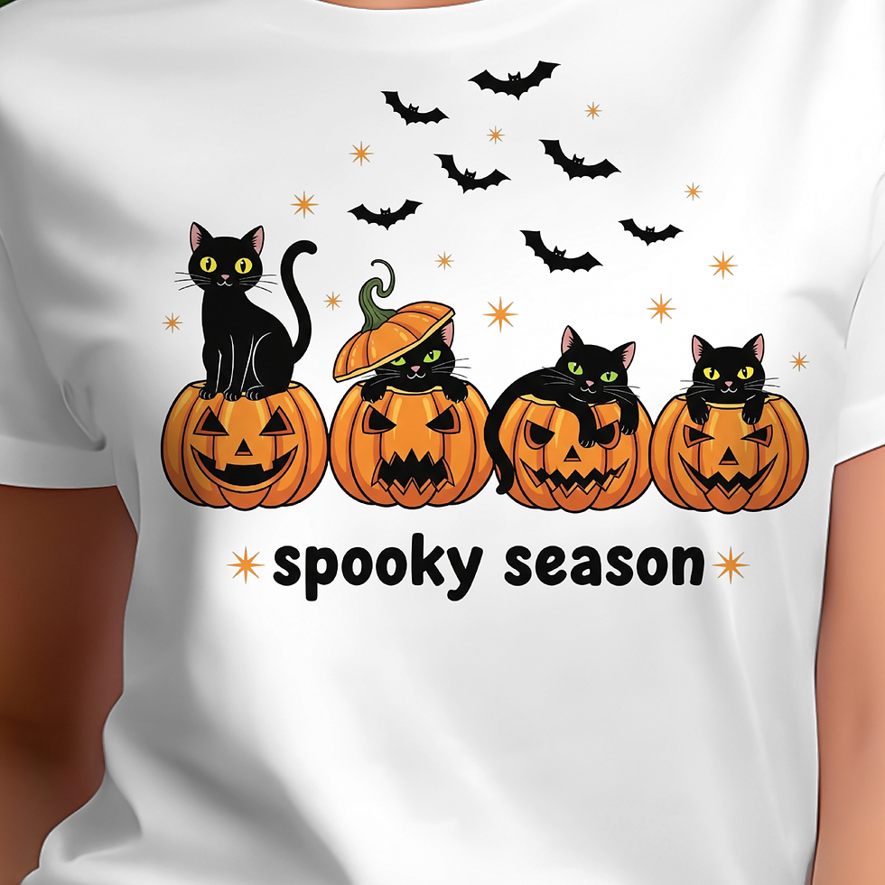 Close up of the  Spooky Cats graphic on a white t-shirt