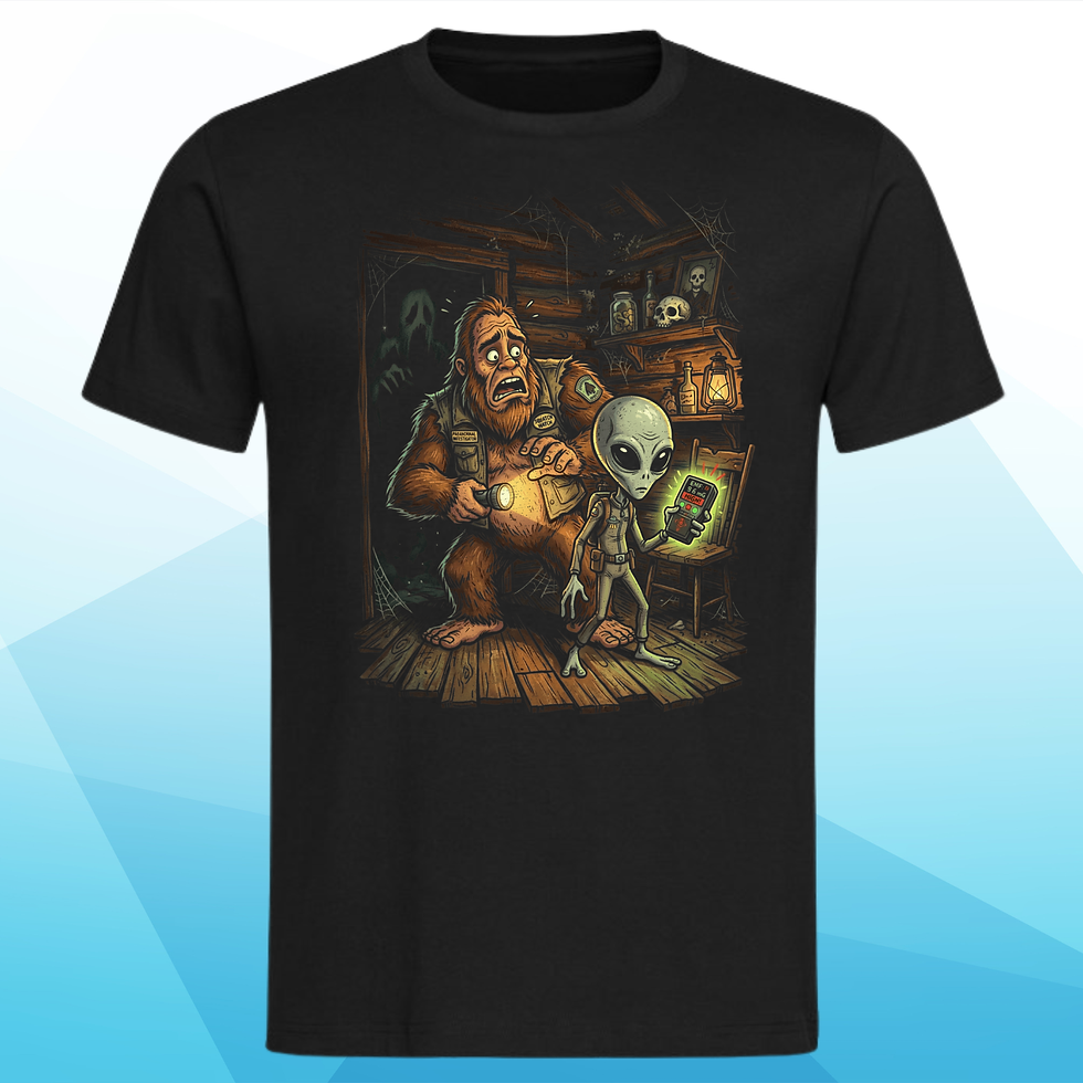 Thumbnail: Bigfoot and alien investigators t-shirt mens black with Bigfoot and alien working together on black background