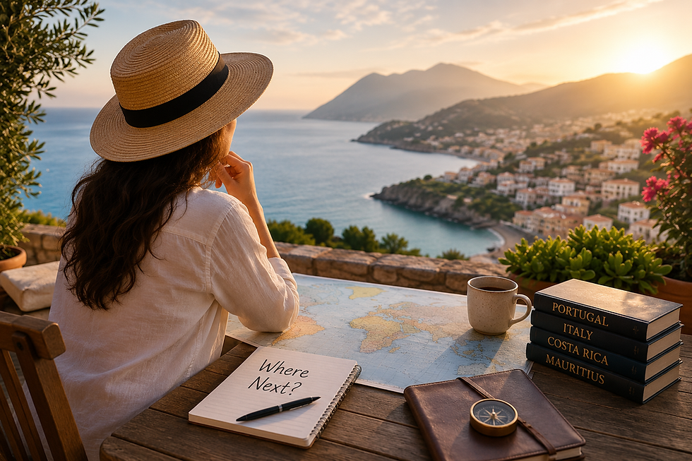 Woman overlooking a coastal town while planning an international relocation, with a world map, travel journal, and destination guides representing how to choose the right country to live abroad.