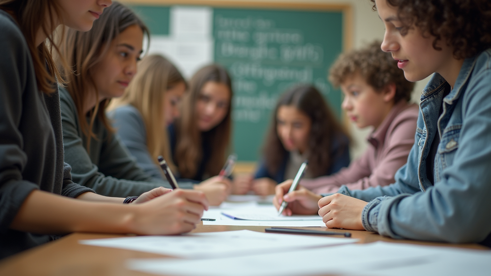 Eye-level view of a group of students collaborating on a project about women's rights