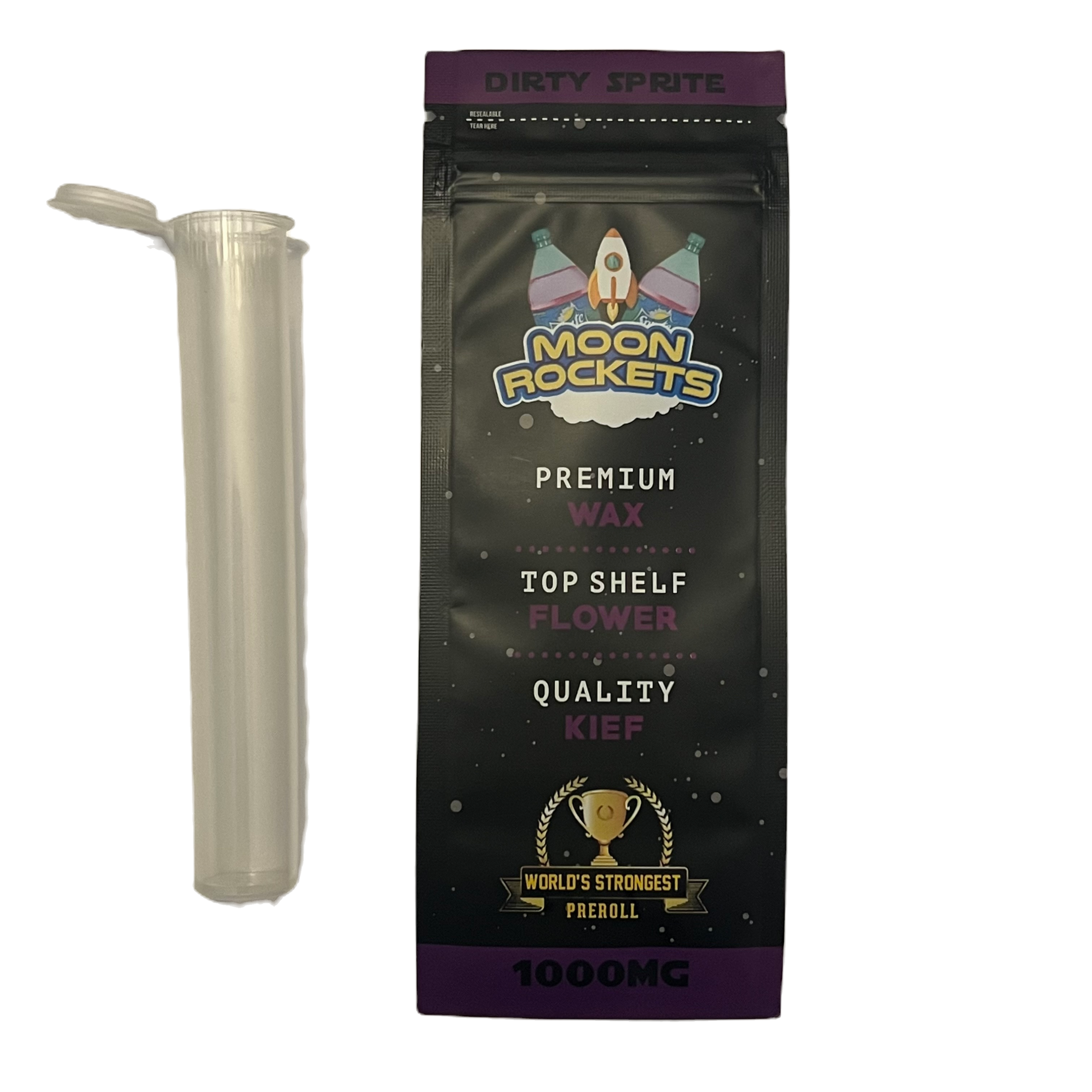 Moon Rockets Pre Roll Mylar Packaging with Tube Dirty Sprite