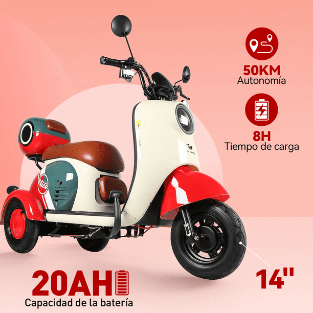 Miniatura: Moto Bici eléctrica 3 ruedas Honey Whale V1 Rojo