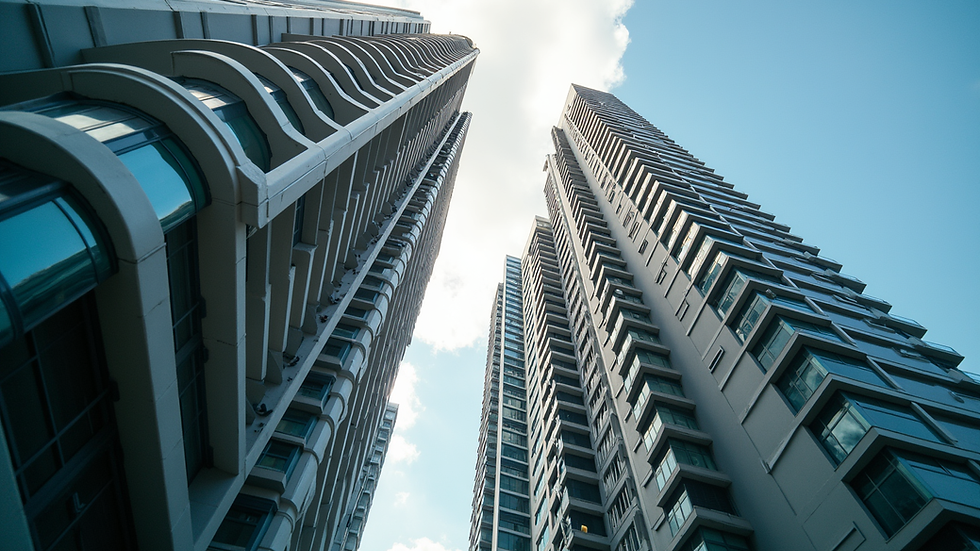 青空を背景に、曲線的なバルコニーが並ぶ高層マンション2棟を見上げる低角度の都市景観。