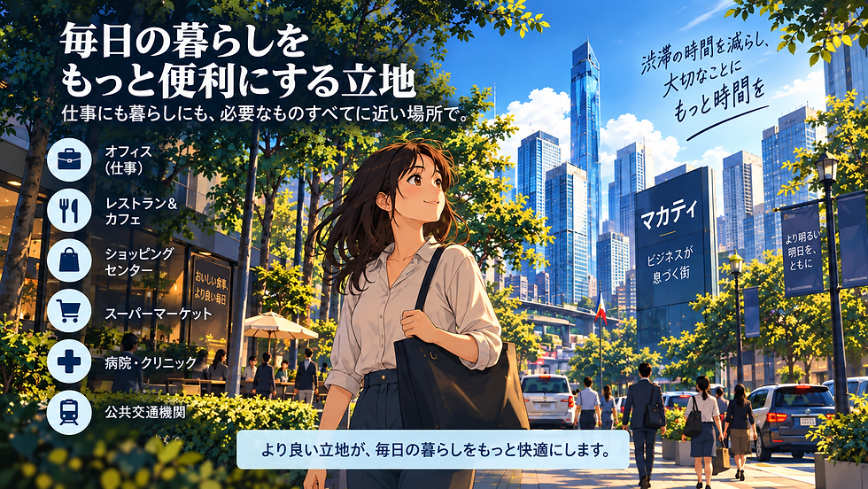 都会の緑道に立つ若い女性と高層ビル群、歩く人々。左に「オフィス」「レストラン&カフェ」などの案内、立地の宣伝文が表示されている。