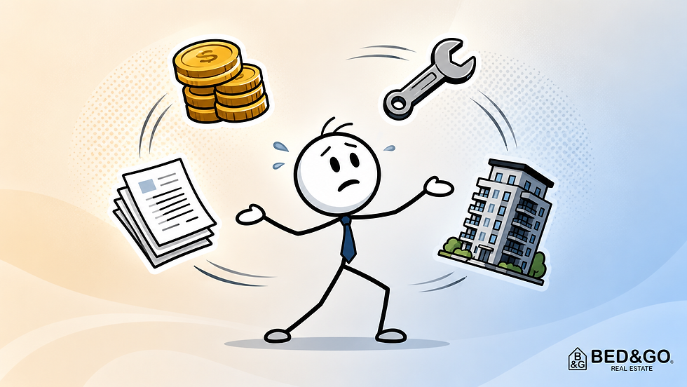 困った表情の棒人間の周りに、硬貨、書類、レンチ、マンションが浮かぶ不動産のイメージ。右下にBED&GO REAL ESTATEのロゴ。