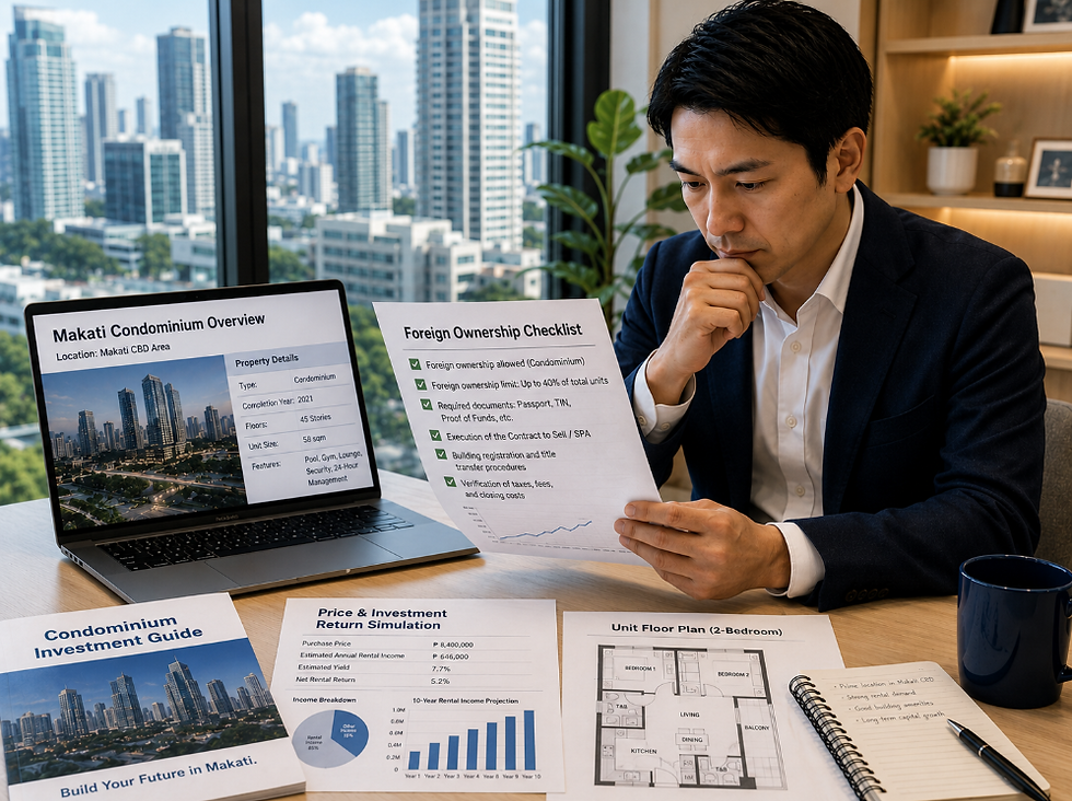 Japanese buyer or investor reviewing condo documents, foreign ownership checklist, and building details at a clean office table.