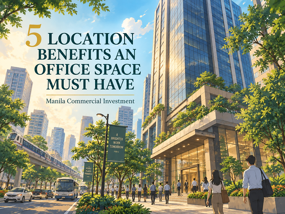 高層オフィス街の通りを歩く人々と車、ガラス張りのビル。看板に「5 LOCATION BENEFITS AN OFFICE SPACE MUST HAVE」「Manila Commercial Investment」。