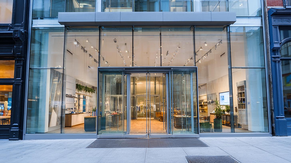 Street-facing retail storefront with large display windows and a clearly visible entrance