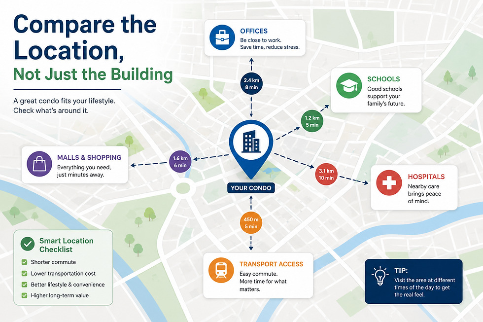 A simple map-style infographic showing a condo pin connected to offices, schools, hospitals, malls, and transport access.