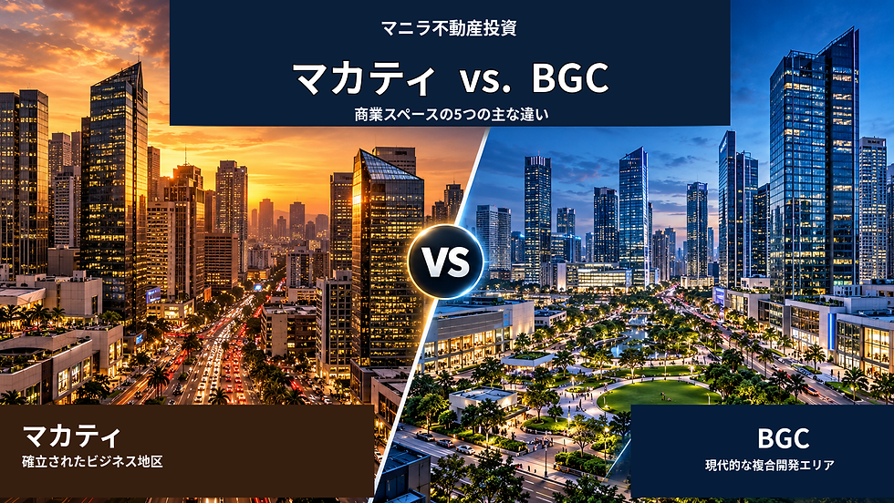 夕景のマカティと青い夜景のBGCを左右比較した不動産投資画像。中央にVS、上にマニラ不動産投資、下に地区名と説明文。