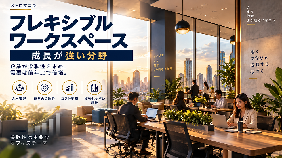 夕焼けの高層オフィスで複数人がノートPCで働く。大きな窓に都市景観、左に「フレキシブルワークスペース」「成長が強い分野」などの文字。