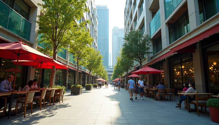 High angle view of BGC pedestrian street with shops and restaurants