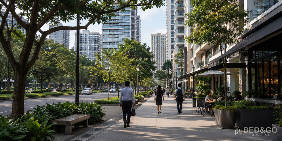 都市の歩道を人々が歩いている。周囲には高層ビルと緑の木々が並び、道沿いのカフェには客が座っている。リラックスした雰囲気。
