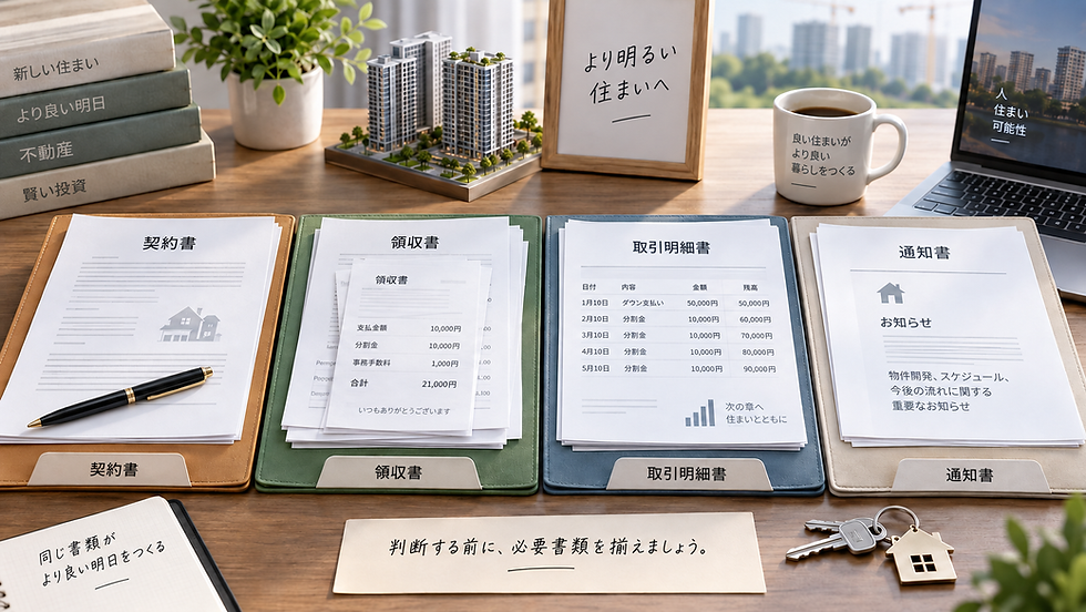 木の机に契約書・領収書・取引明細書・通知書が並び、マンション模型やノートPC、コーヒー、鍵が置かれた不動産手続きの場面。