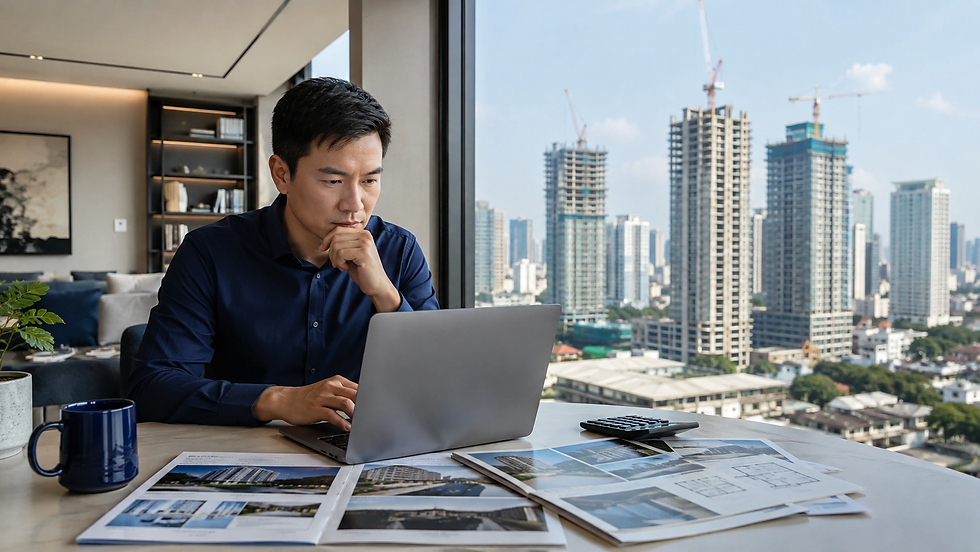 窓辺のデスクでノートPCを操作しながら考え込む男性。手前に図面や資料、外にはクレーン付きの高層ビル建設現場が見える。