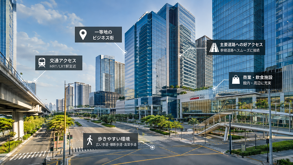 高層ガラスビル群と広い道路、MRT駅近や主要道路アクセスなどを示す日本語の案内ラベルが重なった都会の風景