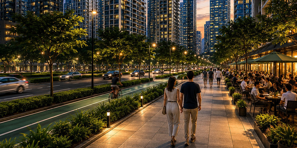 BGC skyline with modern residential towers, walkable streets, and subtle long-term living feel