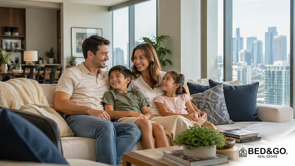 What it should show: A happy expat family in a bright, spacious Manila condo living room — parents and children, relaxed and settled. Sets the warm and relatable family tone immediately.