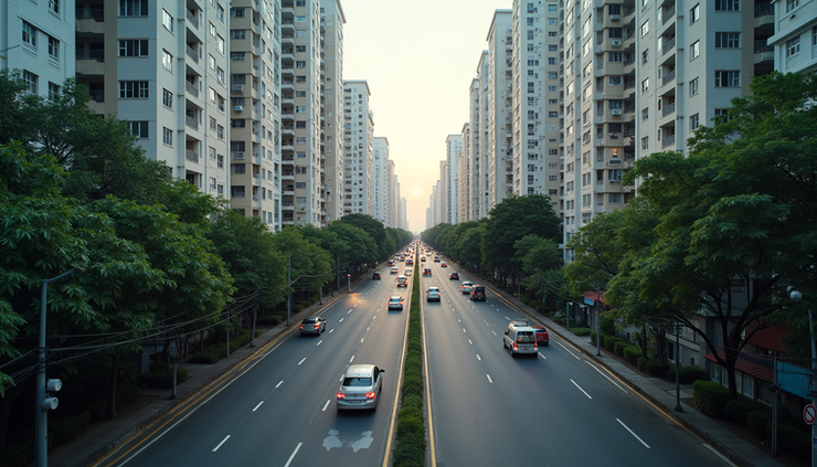 High angle view of a busy Metro Manila street with condos and traffic